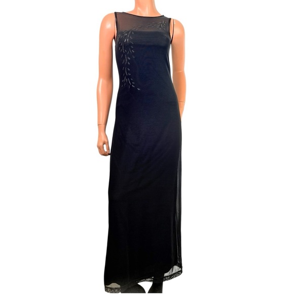 Y2K Black Mesh Dark Fairy Maxi Dress S Whimsigoth Sleeveless  Glitter Leaf Flame - Picture 3 of 7